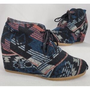 Toms Women's Black Aztec Navajo Wedge Heel Lace Up Ankle Bootie 300813 Size 7